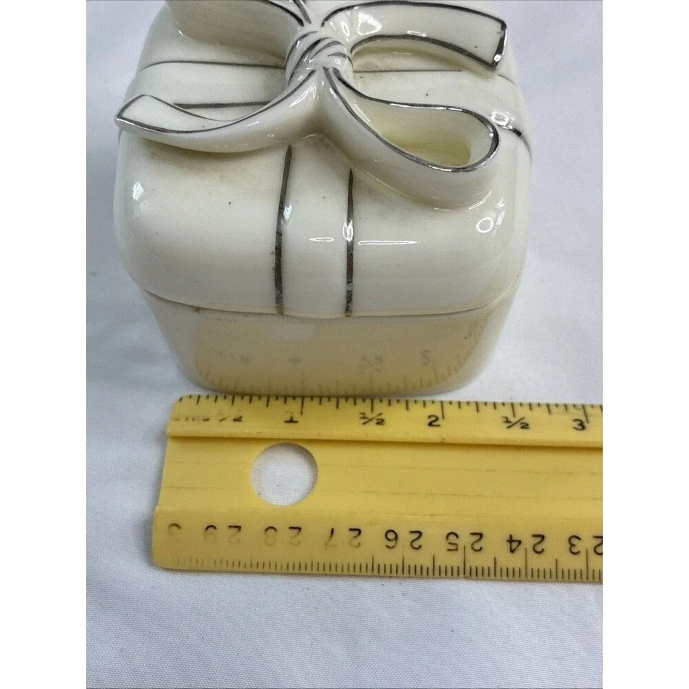Porcelain Square Gift Trinket Jewelry Box Ivory Silver Trim Bow 2.5